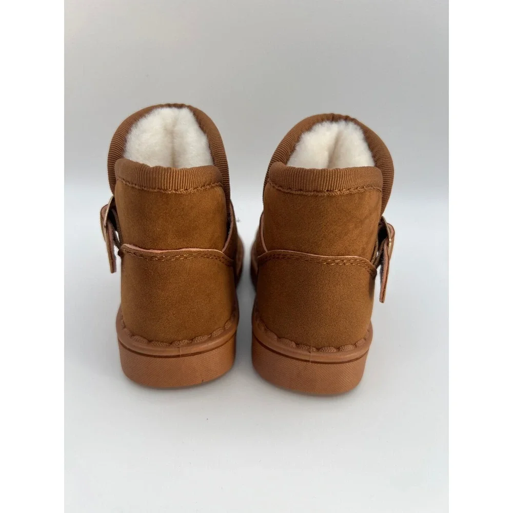 Kids Chestnut Brown Faux Fur Lined Ankle Boots Buckle Strap Size 23 Toddler